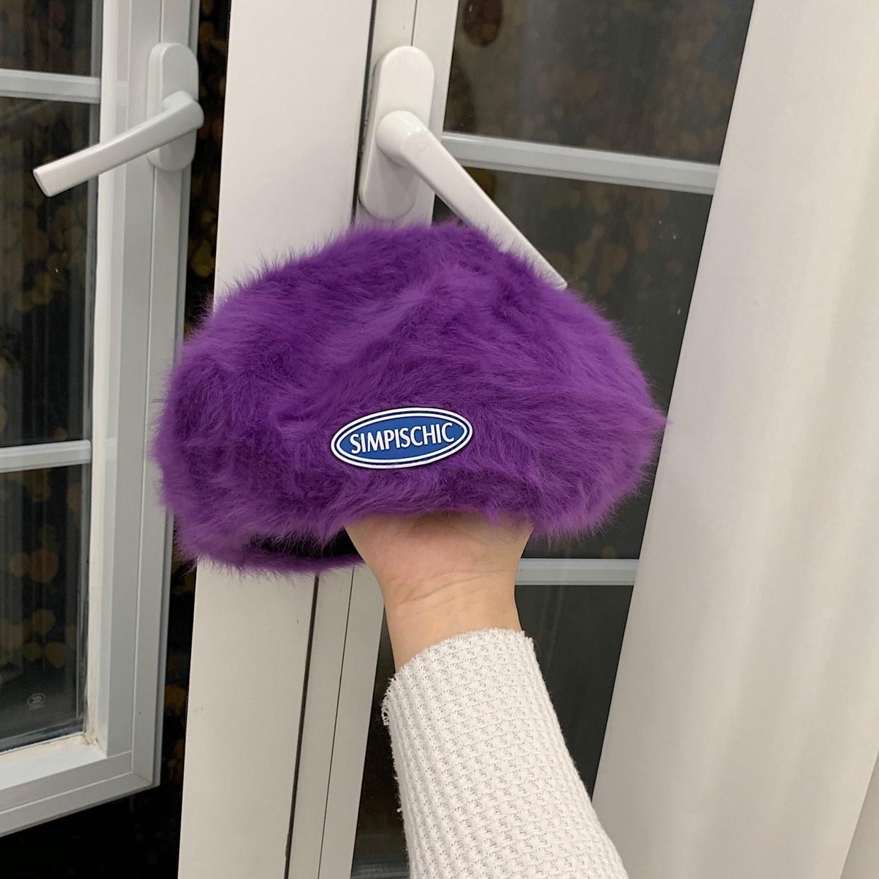 

Милый и симпатичный берет из кроличьего меха детский зимний шопинг теплый универсальный берет художника с наклейкой женский M(56-58cm) фиолетовый