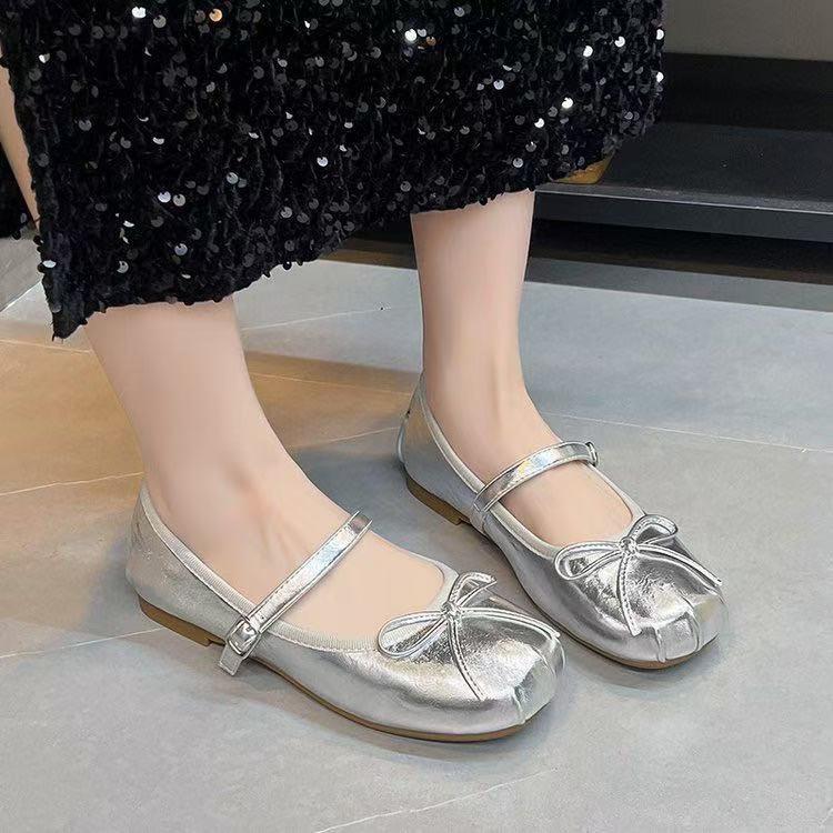 French Flat-bottomed Silver Bow Ballet Light-mouth Single Shoes Women's 2025 Autumn New Mary Jane Soft-soled Small Leather Shoes