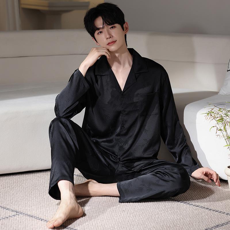 Ice Silk Pajamas Men'S Spring And Autumn Silk Summer Loungewear Long-Sleeved Men'S Striped Autumn Four-Season Large-Size Suit
