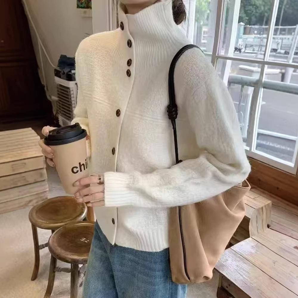 Korean Style High Neck Wool Cardigan - Women's Trendy Autumn/Winter Loose Sweater Jacket