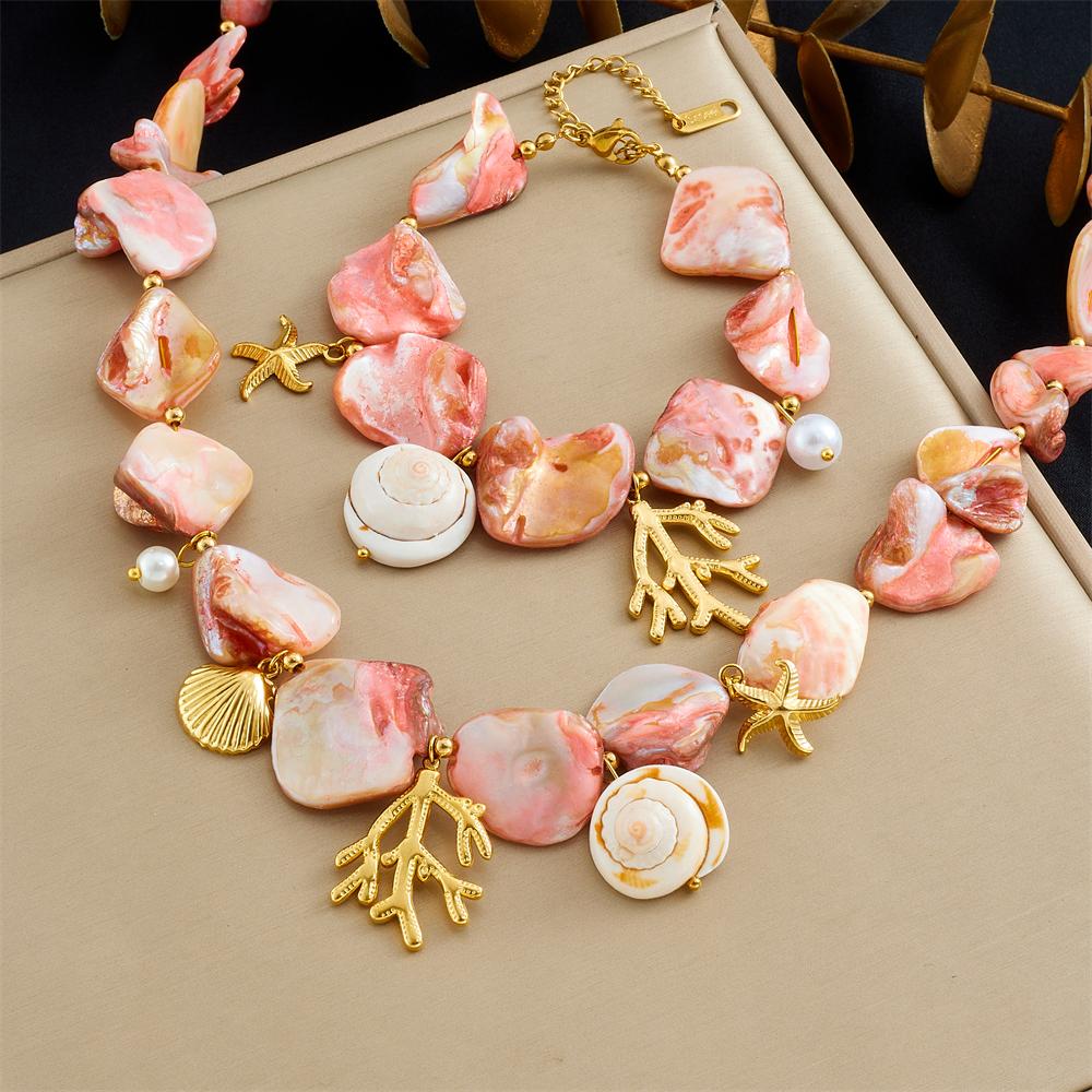 DIEYURO Acciaio Inossidabile 316L Pietra Rosa Corallo Stella Marina Tartaruga Set Collana Bracciale Donna Nuova Moda Gioielli Impermeabili Set Regalo