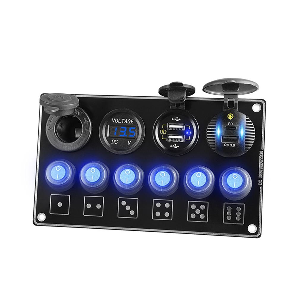 24V 12V 6 Buttons Toggle Switch Panel with Digital Voltage Tester USB Charger QC3.0 Quick Charge Car Power Adapter Boat Caravan