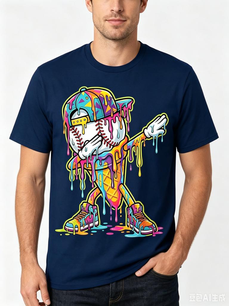 Cotton Retro Baseball Drip Tshirt Ice Cream Drip Pattern Round Neck Casual Electric Butt Dance Pose Graphic T Shirts