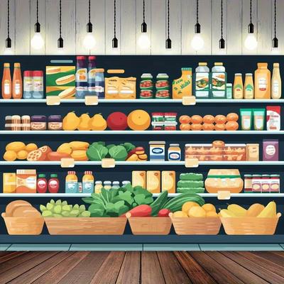 2D Cartoon Grocery Store Shelves Backdrop Fresh Food Fruits Vegetables for Party