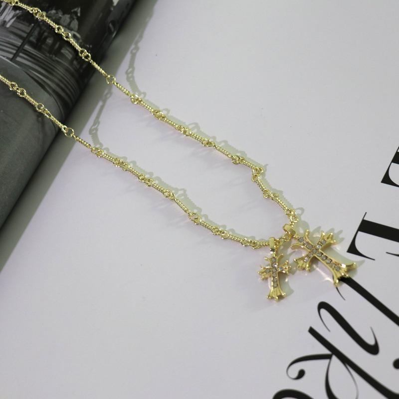 Diamond-encrusted Double Cross Necklace Niche Design Personalized Versatile Collarbone Chain Punk Accessories