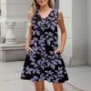 Women's Summer Dresses Loose Fit Printed V Neck Sleeveless Sundresses Beach Hawaiian Dress With Pockets