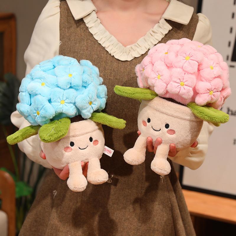 Vaso per Fiori a Forma di Ortensia Cartone Animato Pianta Ripiena Morbida Soffice Pianta in Vaso Sorridente Peluche Giocattolo Fiore Peluche per Regali di Festa della Mamma