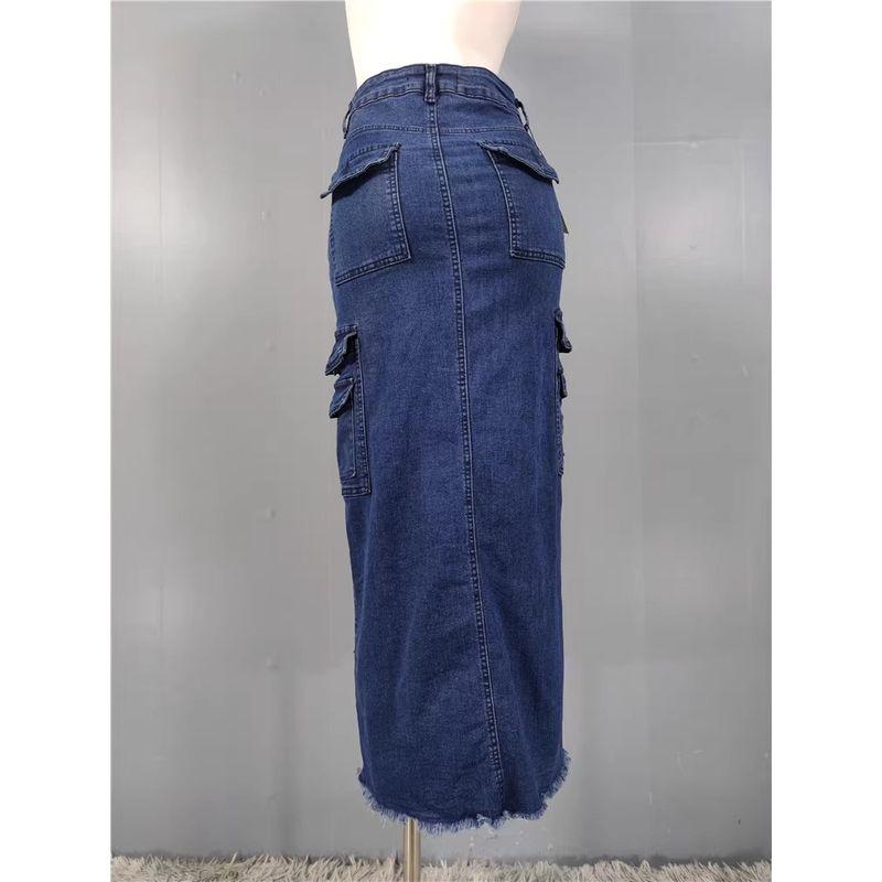 Foreign Trade High Texture High Waist Sheath Front Slit Retro Washed Burr Design Sense A Word Denim Pocket Skirt