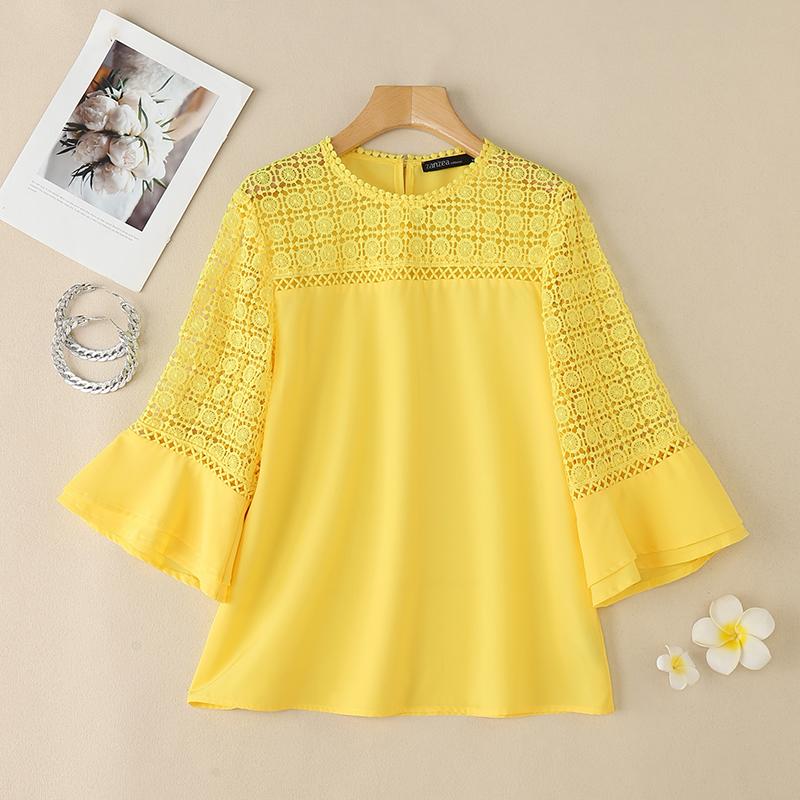 

ZANZEA Женская повседневная блузка свободного кроя с ажурной вязкой пэчворк 2XL жёлтый