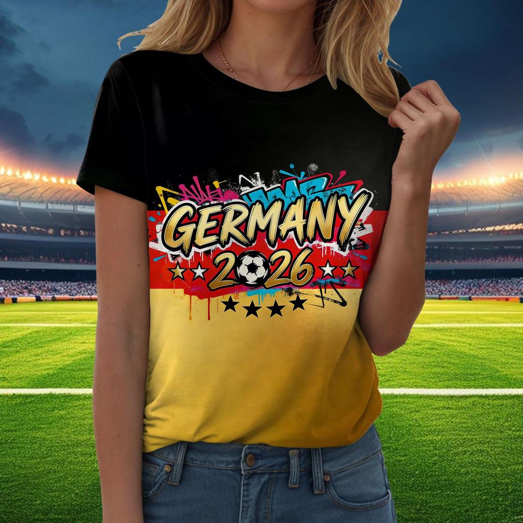 Damen Freizeit Pullover T-Shirt Kurzarm Rundhals Buchstabendruck Oberteil zur Fußballunterstützung Deutschland 2026 Fanartikel