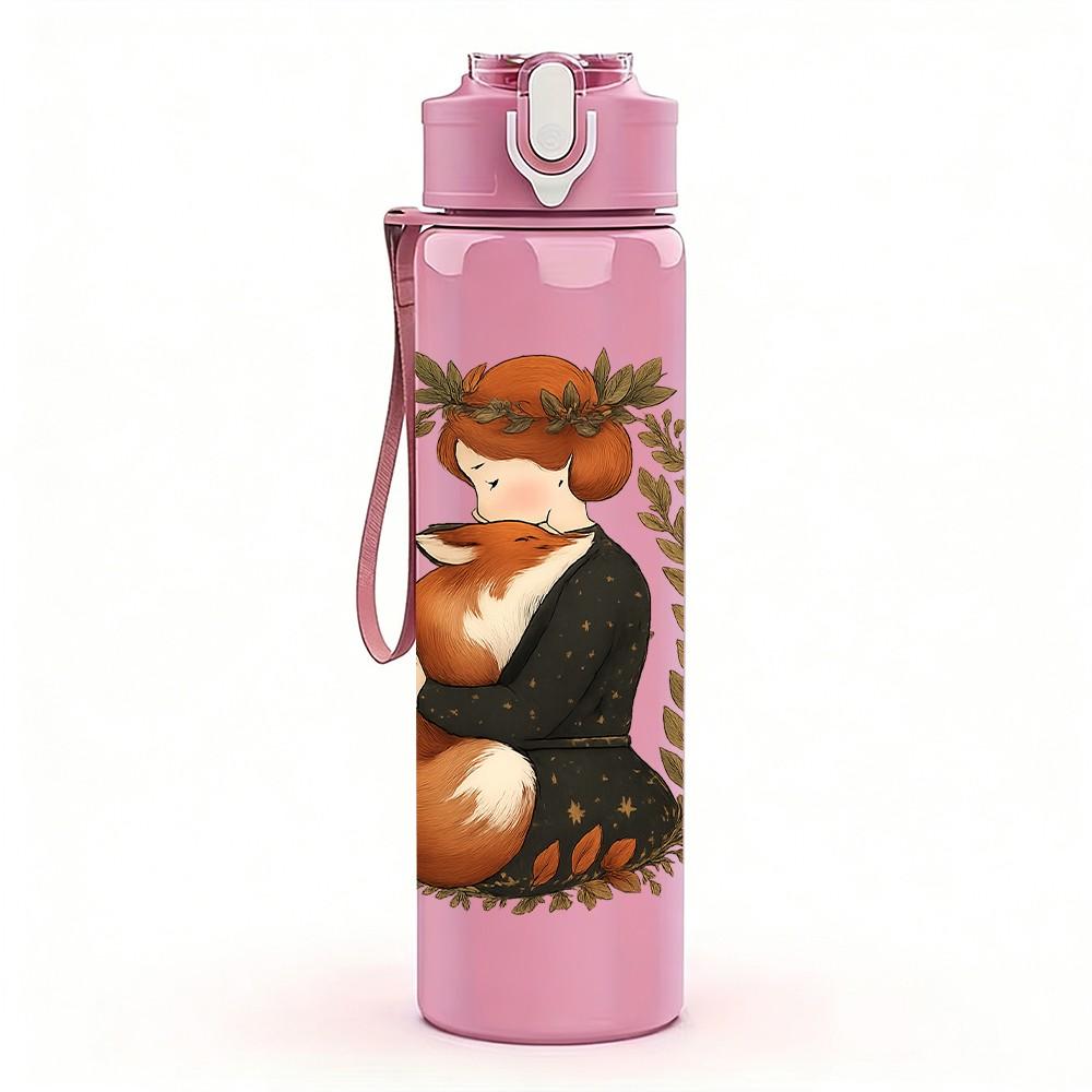 1PC Wreath Fox Couple Print 750ml Color Plastic Sports Water Bottle Leakproof Flip Straw Lid Suitable for Sports Office Home Use