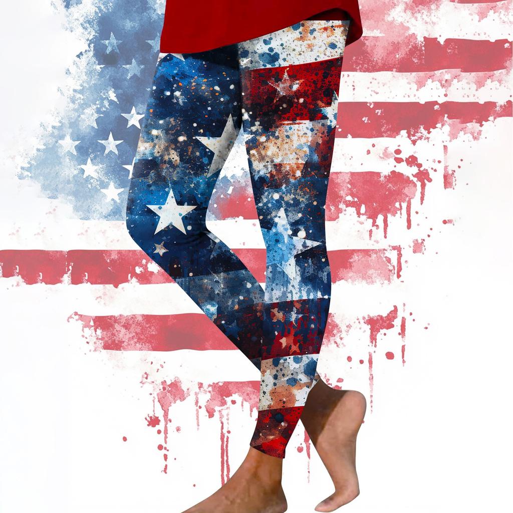 Women's Casual Fashion Outdoor Independence Day Printed Slim Elastic Yoga Pants Cropped Pants