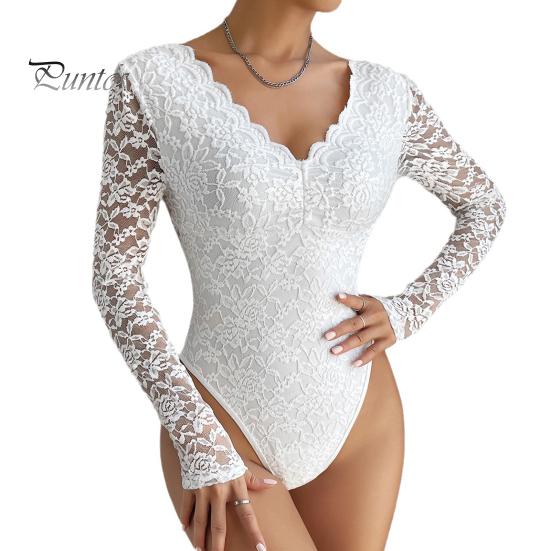 

Женское боди с цветочной вышивкой, кружевное эластичное, с глубоким V-образным вырезом, прозрачный сплошной цвет с длинными рукавами, облегающий мягкий дышащий весенний комбинезон L белый