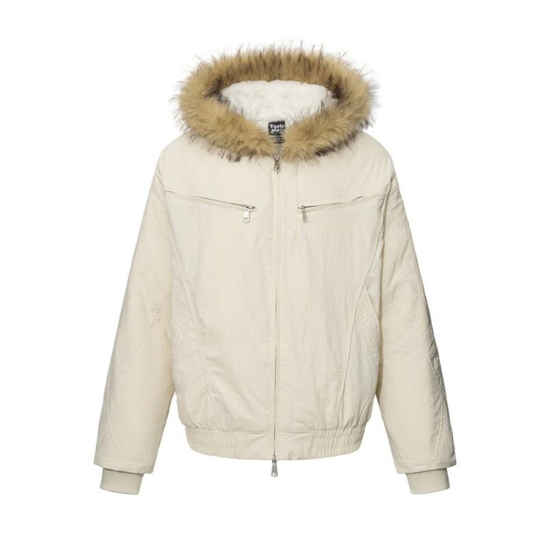 Mens Winter Hooded Puffer Jacket Streetwear Loose Fit Zip Up Cotton Coat With Fur Trim