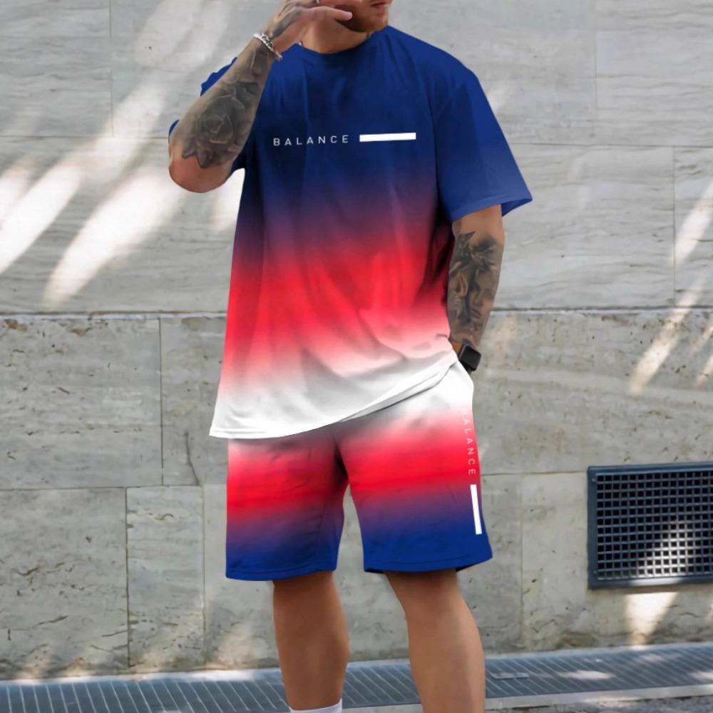

Summer Men s Fashionable Gradient Color 3D Digital Printed Round Neck Short Sleeved Shorts Set Loose Oversized Breathable Comfortable Sports Wear S