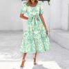 Women's Summer Short Sleeve Round Neck Waistband Bohemian Flowy Layered Maxi Dress With Pockets