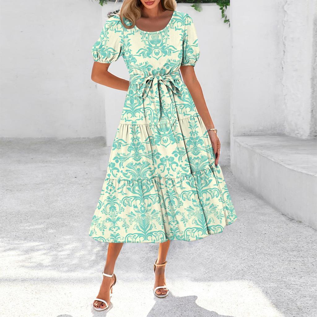 Women's Summer Short Sleeve Round Neck Waistband Bohemian Flowy Layered Maxi Dress With Pockets