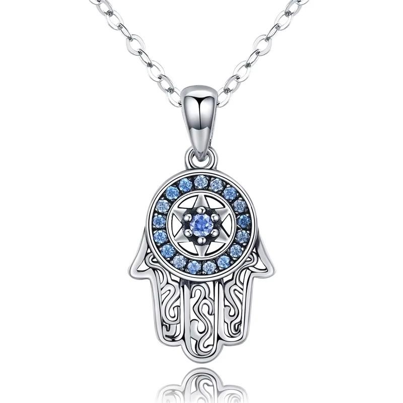 WOSTU Real 925 Sterling Silver Hand Of Fatima Hamsa Pendant Choker Necklace For Women Fashion bijoux Jewelry Gift CQN264