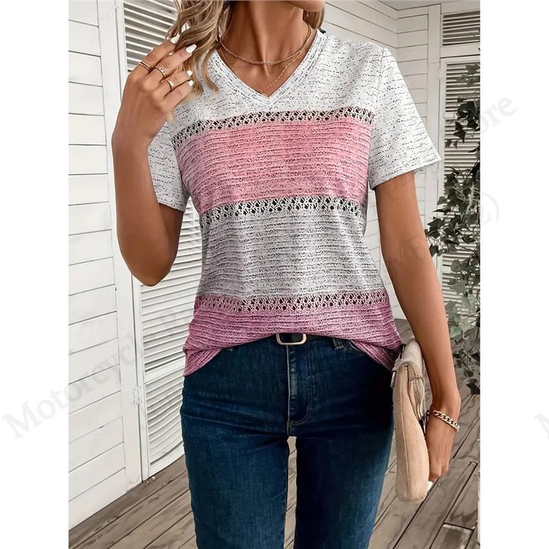 

2025 Нова жіноча футболка в смужку та клітинку з 3D-принтом Модна повсякденна жіноча футболка з V-подібним вирізом та коротким рукавом Топи Футболки Жіночий одяг Повсякденний S