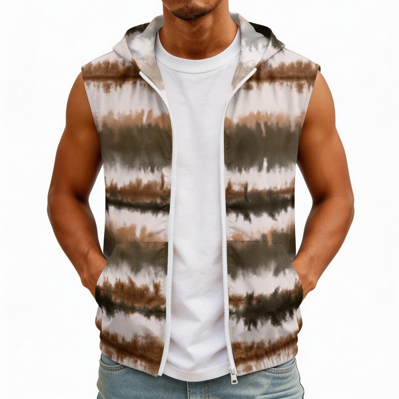 

Men Sleeveless Hooded Sun Protection Top Lightweight Water Ink Print Pocketed Sun Protective Vest for Outdoor Activities M верблюд