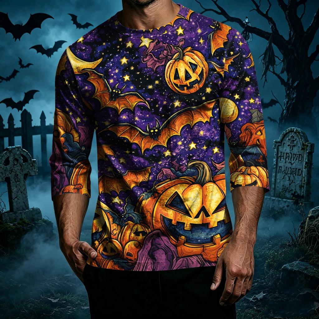 Men's Casual Halloween Print Crew Neck T Shirt Three Quarter Sleeve Relaxed Fit Top with Shoulder Seam Design for Everyday Wear