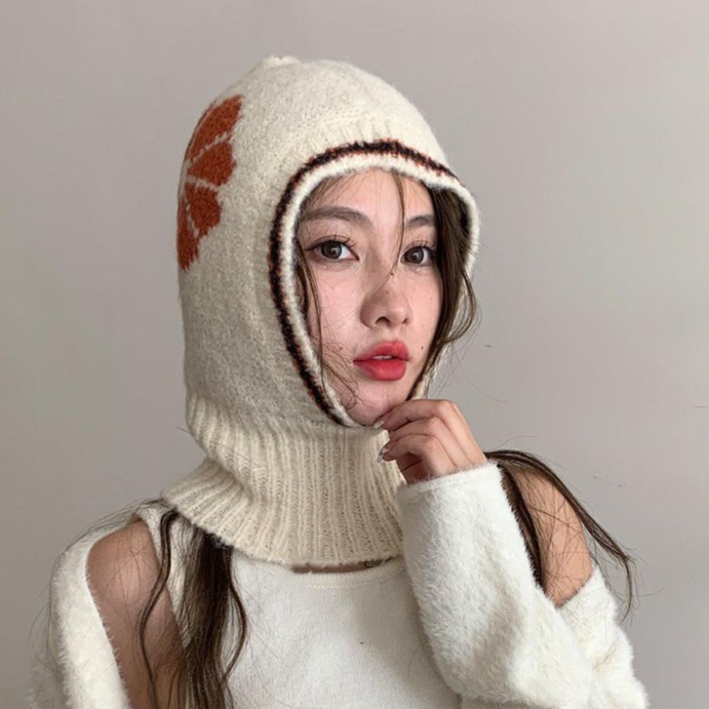Neck Guard Flower Balaclava Hat Wool Knitted Pullover Hat Casual Ear Protection Hat  Winter/Autumn