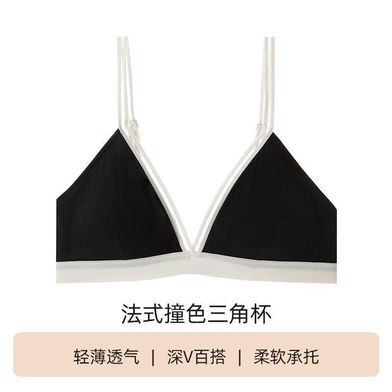 French contrasting color deep V triangle cup underwear women's thin back small chest gathering seamless sexy bra set