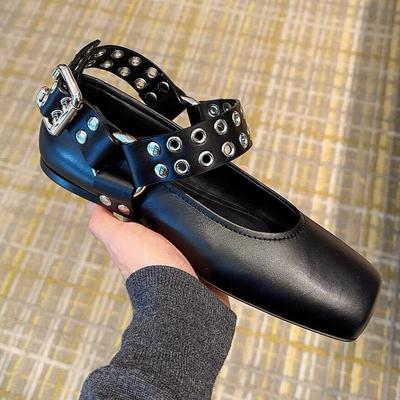 Leder Nieten Gürtelschnalle Quadratischer Kopf Flachmaul Flachboden Ballerinas Damen 2025 Frühling Kleine Lederschuhe Mary Janes Einzelne Schuhe