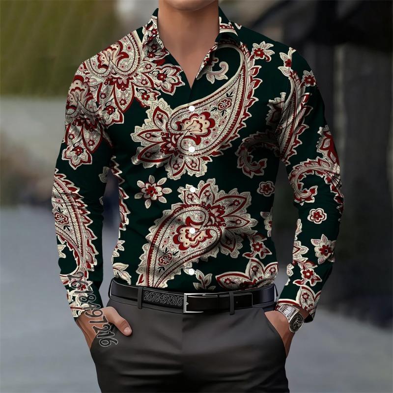 Camicia da uomo vintage in cashmere con stampa floreale paisley a maniche lunghe, casual, elegante, alla moda, comoda, alta qualità, top da uomo con colletto