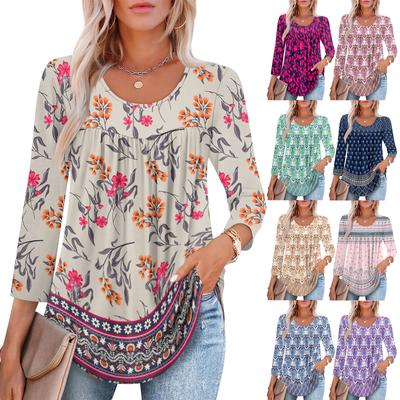 Women's Fashion Seven Sleeve Top Round Neck Pleated Casual Printed Top