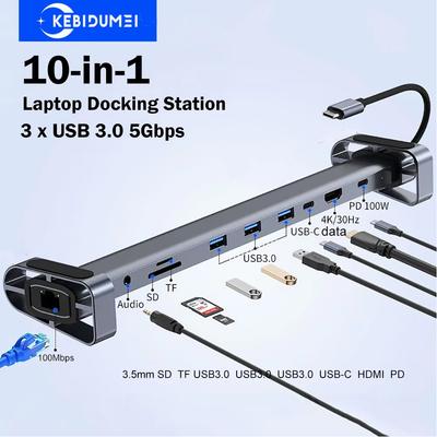 Stazione di Docking per Laptop 10 in 1 Hub USB C HDMI 4K@30Hz PD 100W Ethernet 100Mbps Hub USB 3.0 5Gbps Lettore di Schede SD/TF