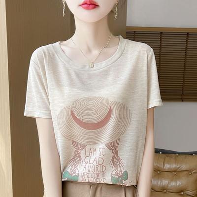 Top Casual de Manga Curta Camisa Feminina Camiseta de Seda de Manga Curta Nova com Caimento Solto