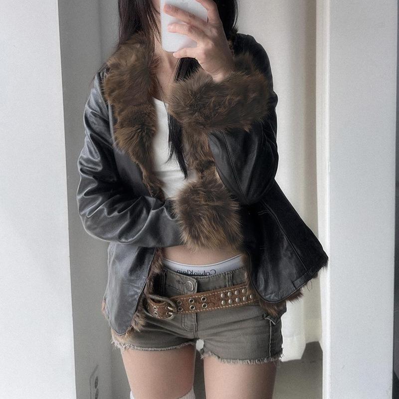 Podzimní a zimní dámský kožešinový límec Street Spice Style Volná kožená bunda Cardigan