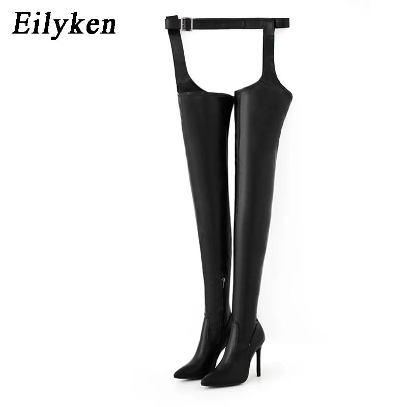 Mode Eilyken PU-Leder Overknee-Stiefel Damen Sexy Stil Oberschenkelhohe Stiefeletten Spitze Zehen Riemen mit Schnalle Fetisch Stripper Tanzschuhe