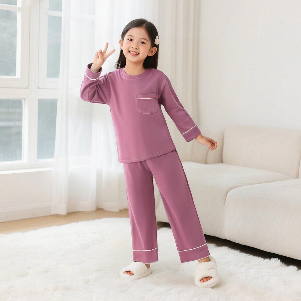 Spring And Autumn Children'S Pajamas Pajama Pants Set Boys And Girls Solid Color Crew Neck Pullover Homewear Medium And Older Loose Edition