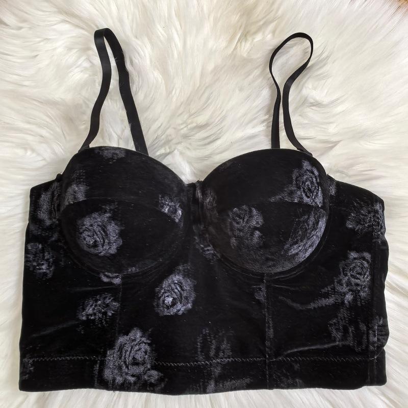 

Black Dark Pattern Rose Suspender Underwear Comfortable Suede Versatile Outer Wear Corset Gathering Tits Corset Bra 34