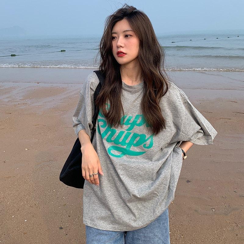 

Pull frame cotton American letter printing loose large size medium and long short-sleeved t-shirt women M светло-серый