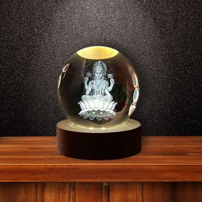 Goddess Laxmi Ji Crystal Ball Night Light  Glass Ball Night LED Lamp with Woodern Base Perfect for Gift | Corded Electric Table Night Light