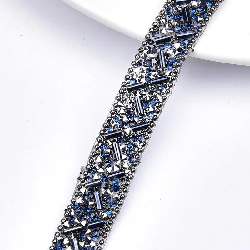 1Yard Rhinestone Trim Crystal Seed Beads Ribbon Geometric Crystal Tapes Glass Trimming for DIY Clothing Decorations Crafts