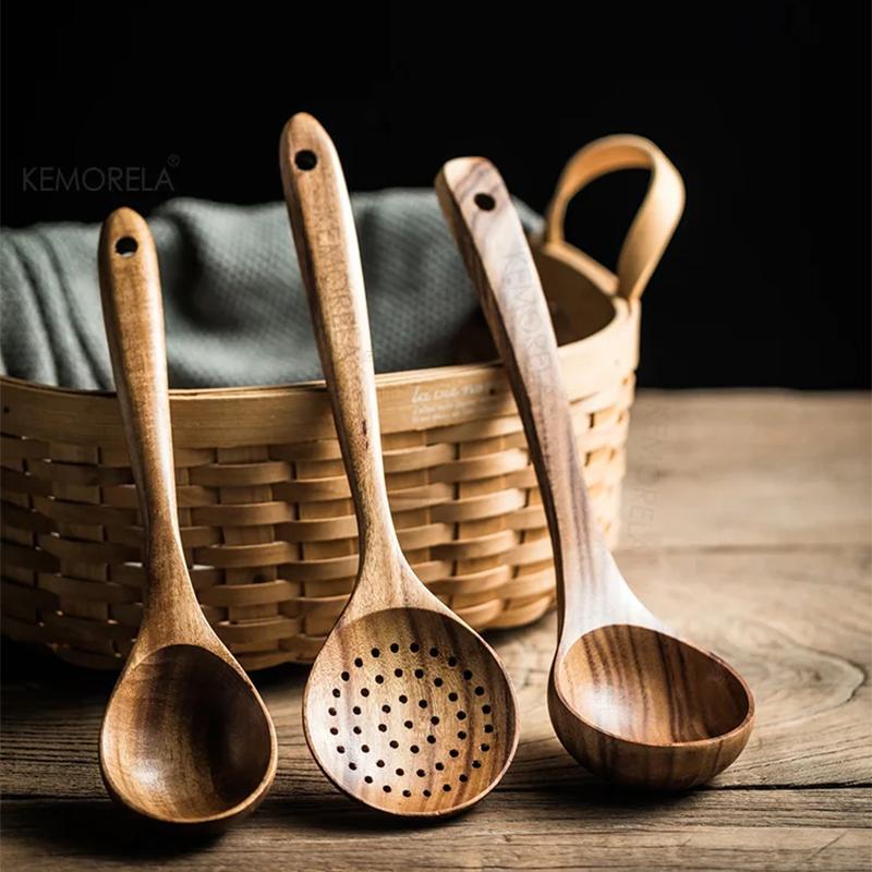 4/7Pcs Teak Natural Wood Tableware Spoon Ladle Turner Long Rice Colander Soup Skimmer Cooking Spoons Scoop Kitchen Tool Set