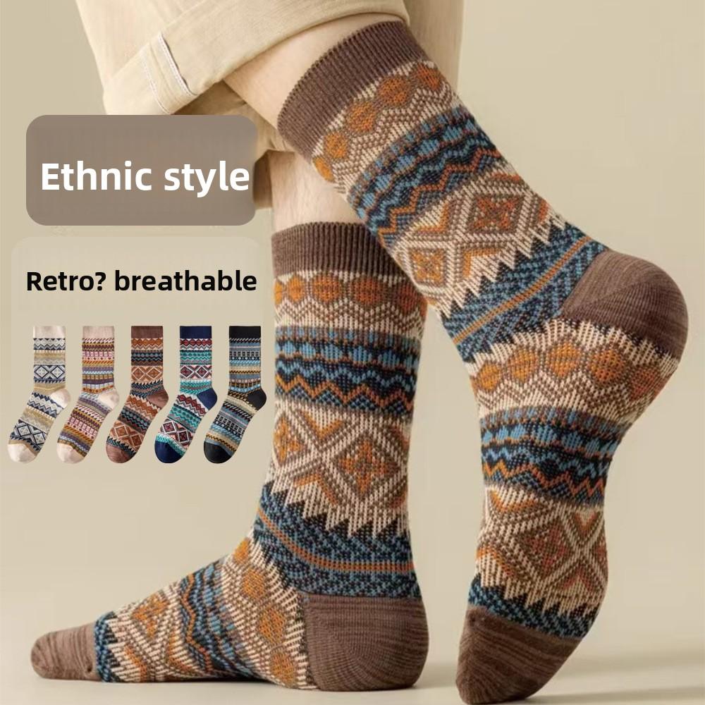 Double-needle Double-way Socks for Men, Mid-calf Cordless Long Socks, Cotton Ethnic Style Long Calf Retro Trend for Autumn and Winter