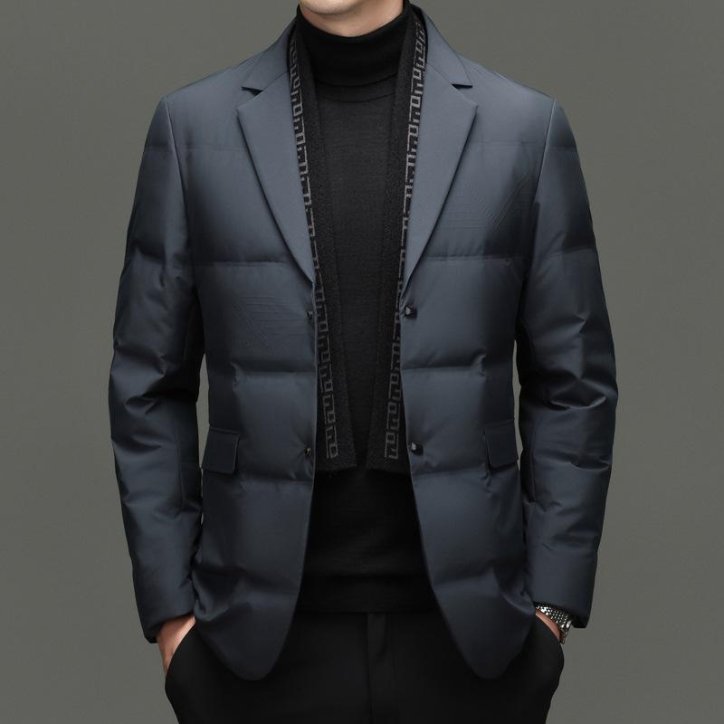 Men's Winter Suit-Style White Duck Down Jacket with Detachable Scarf, 90% Down Filled for Cold Protection and Warmth.