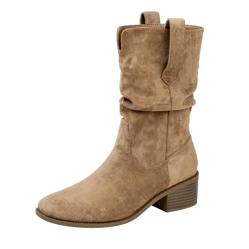 Soft leather version! Western pleated short boots women's pile boots retro British style small man inner height increase medium tube Martin boots