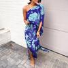Women's One Shoulder Maxi Dress Batwing Sleeves Floral Printed Split Long Dress Pleated High Waist Cocktail Party Dress