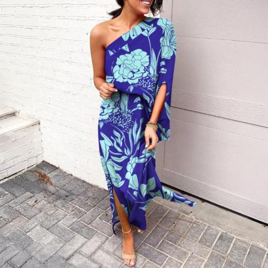Women's One Shoulder Maxi Dress Batwing Sleeves Floral Printed Split Long Dress Pleated High Waist Cocktail Party Dress