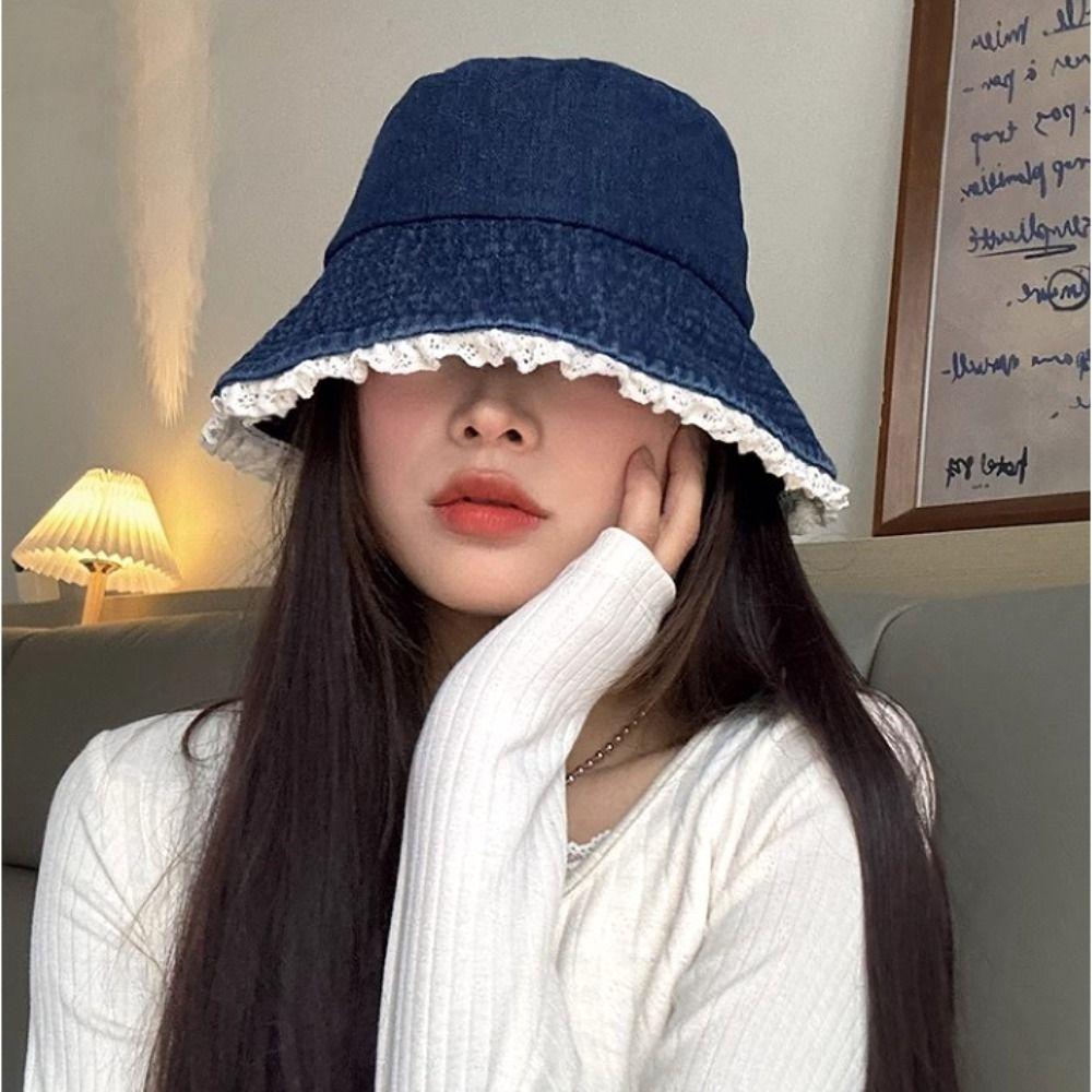 Big Brimmed Lace Fisherman Hat Y2K Panama Hat Fashion Denim Bucket Hat  Lady