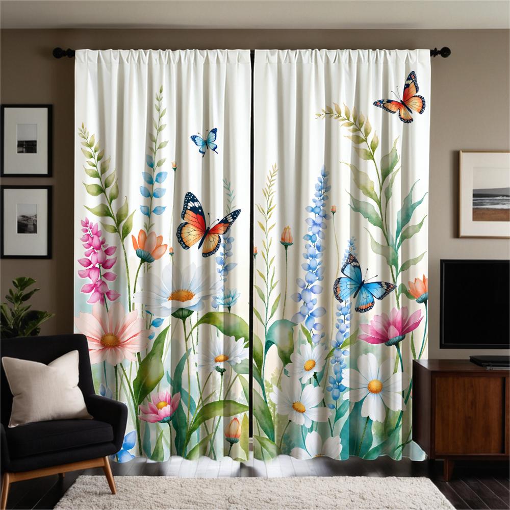 Piece Set High Definition Digital Printed Curtainwatercolor Floral Butterflies Pastel Colors Curtain Stylehome With Rod Pocket Polyester