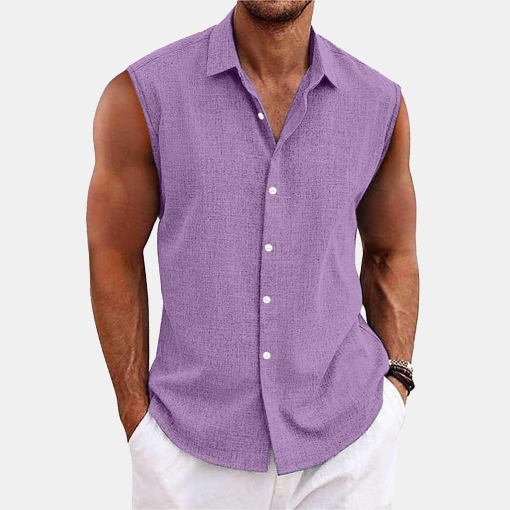 Men's Solid Color Lapel Button Up Vest Shirt T-shirt Top