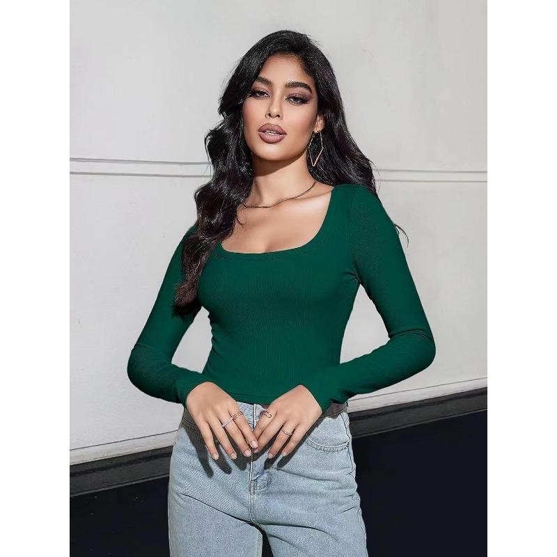 Women's Fashion Casual Spring Fall Solid Color Print Long Sleeve Square Collar Blouses & Shirts