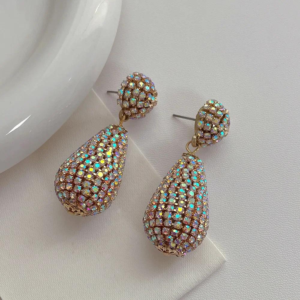 Women Gold Plated Alloy Full Rhinestone Water Drop Dangle Earrings Long Hanging Jewelry